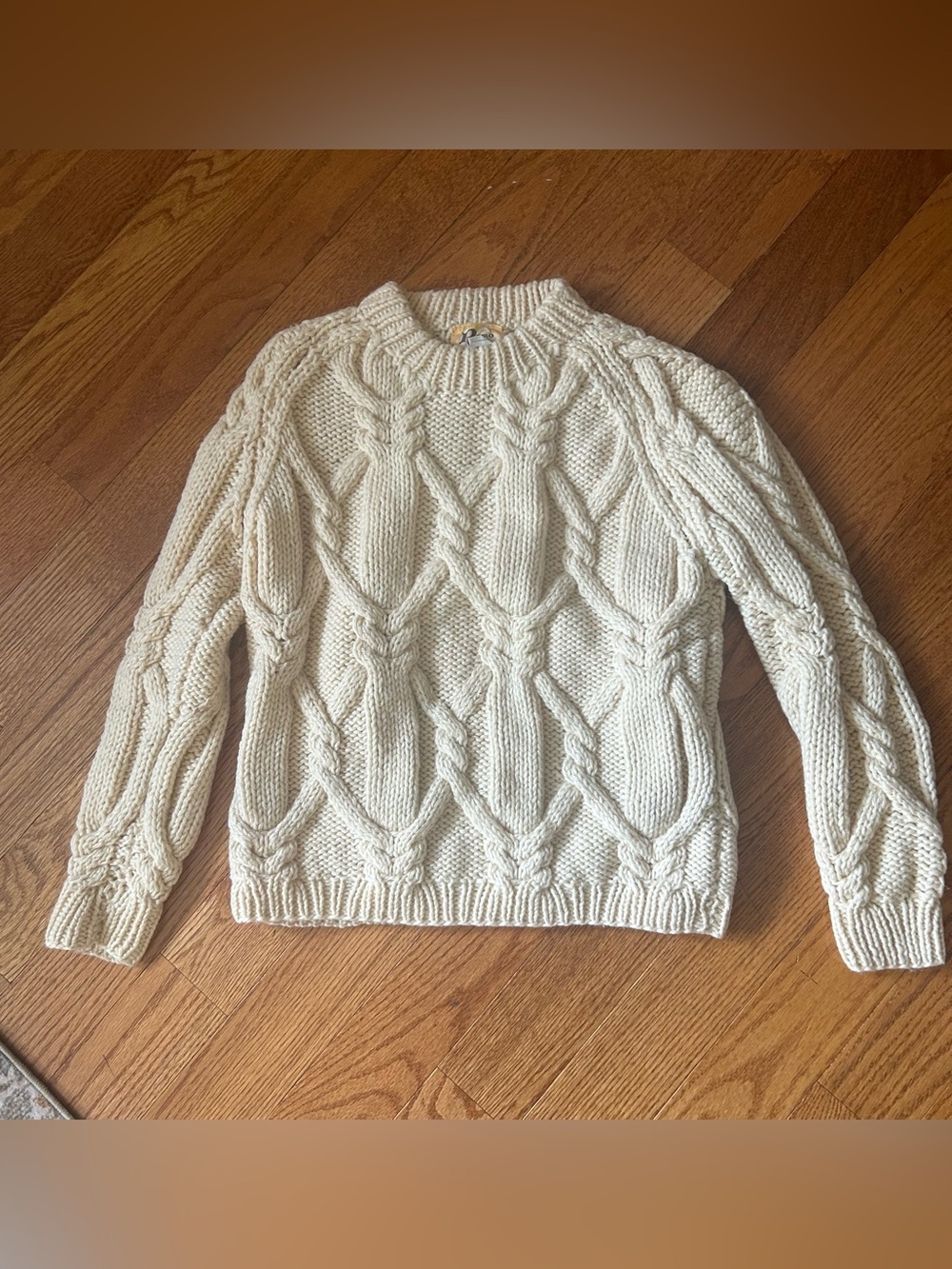 Vintage Remo Italy 100% Wool Hand Knit Cable Sweater Cream S Fisherman Classic